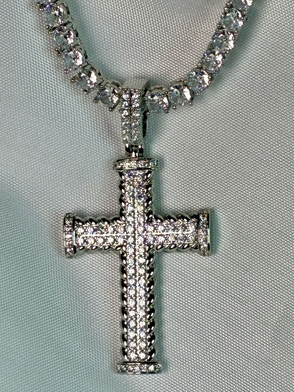 Pavé Crystal Cross Pendant Tennis Necklace in Silver 22”